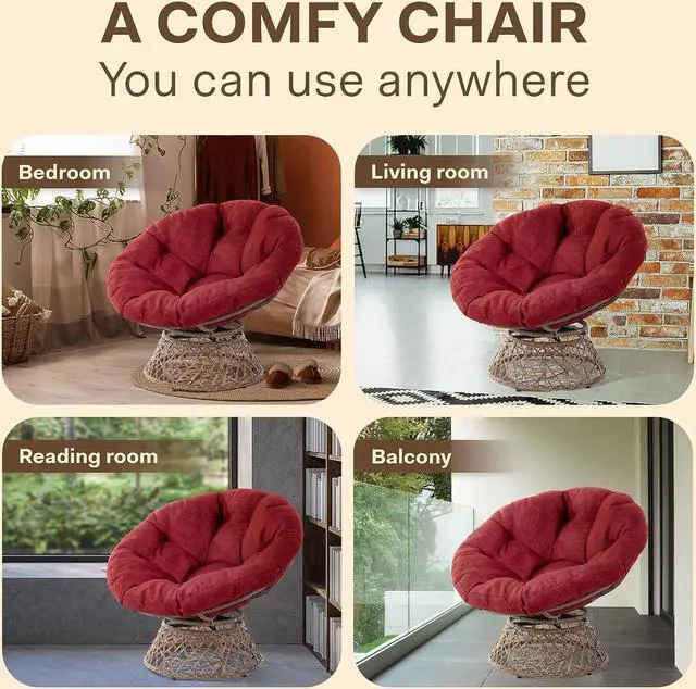 Alt view image 5 of 6 - Bme Ergonomic Wicker Papasan Chair with Soft Thick Density Fabric Cushion, High Capacity Steel Frame, 360 Degree Swivel for Living, Bedroom, Reading Room, Lounge, Cherry Sangria - Brown Base