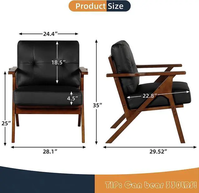 Alt view image 3 of 7 - AODAILIHB Accent Chairs Set of 2, Mid Century Modern Accent Chairs, Retro Wood and Leather Armchairs, Lounge Reading Comfy Arm Chair for Living Room, Bedroom, Studio, Office (2, Black)