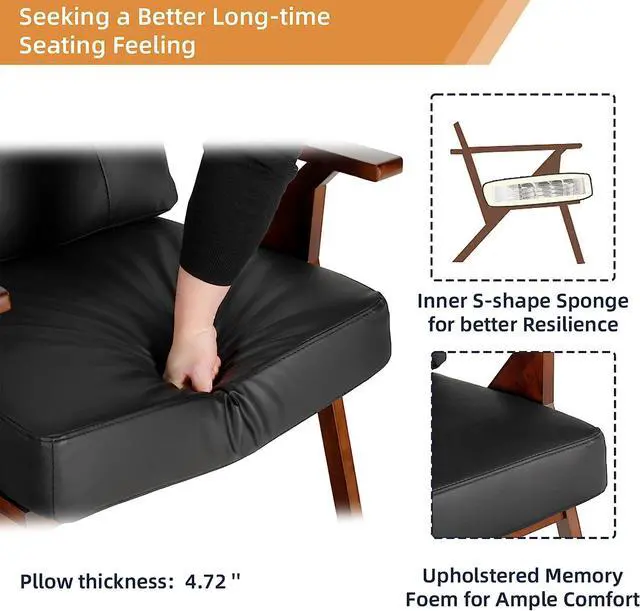 Alt view image 5 of 7 - AODAILIHB Accent Chairs Set of 2, Mid Century Modern Accent Chairs, Retro Wood and Leather Armchairs, Lounge Reading Comfy Arm Chair for Living Room, Bedroom, Studio, Office (2, Black)