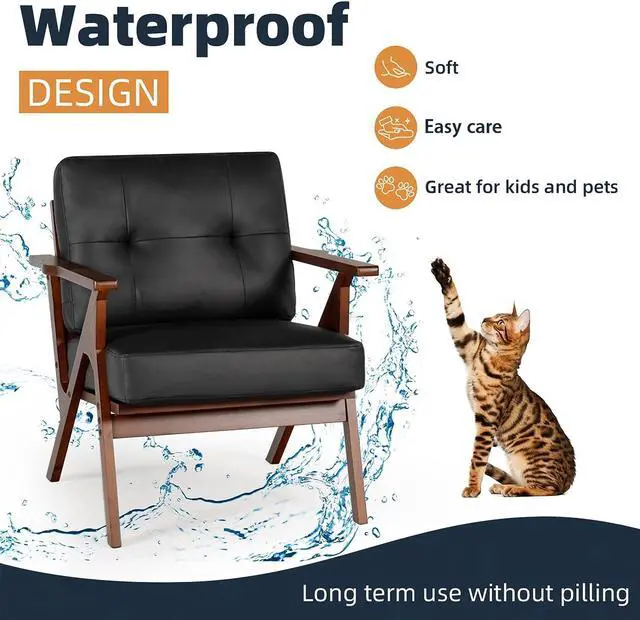 Alt view image 4 of 7 - AODAILIHB Accent Chairs Set of 2, Mid Century Modern Accent Chairs, Retro Wood and Leather Armchairs, Lounge Reading Comfy Arm Chair for Living Room, Bedroom, Studio, Office (2, Black)