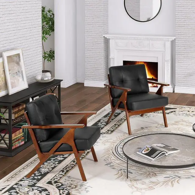 Alt view image 2 of 7 - AODAILIHB Accent Chairs Set of 2, Mid Century Modern Accent Chairs, Retro Wood and Leather Armchairs, Lounge Reading Comfy Arm Chair for Living Room, Bedroom, Studio, Office (2, Black)