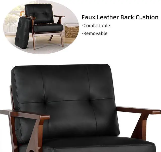 Alt view image 6 of 7 - AODAILIHB Accent Chairs Set of 2, Mid Century Modern Accent Chairs, Retro Wood and Leather Armchairs, Lounge Reading Comfy Arm Chair for Living Room, Bedroom, Studio, Office (2, Black)