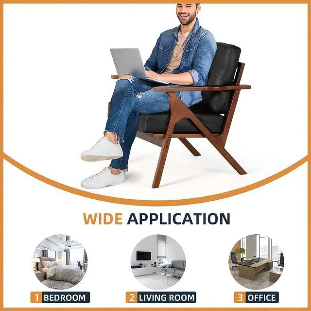 Alt view image 7 of 7 - AODAILIHB Accent Chairs Set of 2, Mid Century Modern Accent Chairs, Retro Wood and Leather Armchairs, Lounge Reading Comfy Arm Chair for Living Room, Bedroom, Studio, Office (2, Black)