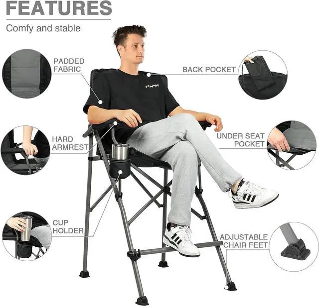 Alt view image 5 of 7 - EVER ADVANCED Tall Directors Chair with Cup Holder 31", Bar Height Folding Chair for Camping, Sports with Carry Bag, Mesh Pockets and Footrest, Heavy Duty 300 lbs, Black, Welcome to consult