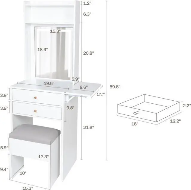 Alt view image 2 of 7 - ARTETHYS Small Vanity Desk Set with 3 Adjustable Lighted Mirror and Storage Chair, Makeup Vanity Table for Small Space, White Dressing Table with Fold-up Panel for Bedroom, Welcome to consult