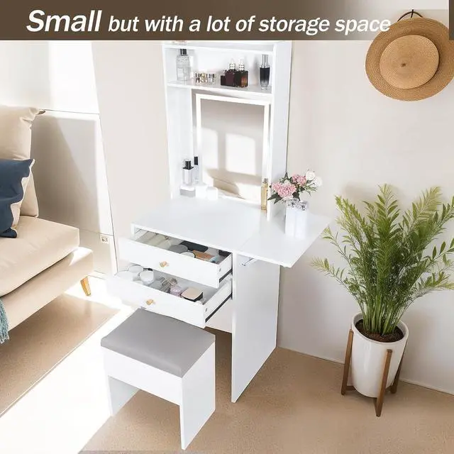 Alt view image 3 of 7 - ARTETHYS Small Vanity Desk Set with 3 Adjustable Lighted Mirror and Storage Chair, Makeup Vanity Table for Small Space, White Dressing Table with Fold-up Panel for Bedroom, Welcome to consult