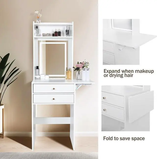 Alt view image 4 of 7 - ARTETHYS Small Vanity Desk Set with 3 Adjustable Lighted Mirror and Storage Chair, Makeup Vanity Table for Small Space, White Dressing Table with Fold-up Panel for Bedroom, Welcome to consult