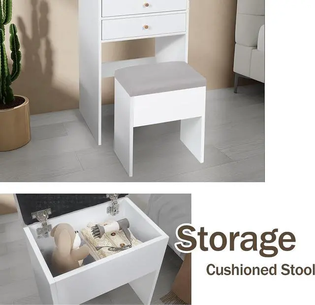 Alt view image 5 of 7 - ARTETHYS Small Vanity Desk Set with 3 Adjustable Lighted Mirror and Storage Chair, Makeup Vanity Table for Small Space, White Dressing Table with Fold-up Panel for Bedroom, Welcome to consult