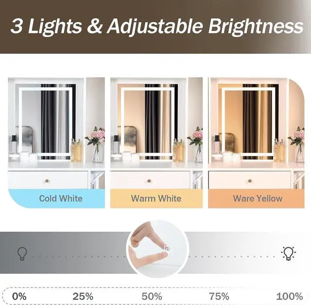 Alt view image 6 of 7 - ARTETHYS Small Vanity Desk Set with 3 Adjustable Lighted Mirror and Storage Chair, Makeup Vanity Table for Small Space, White Dressing Table with Fold-up Panel for Bedroom, Welcome to consult