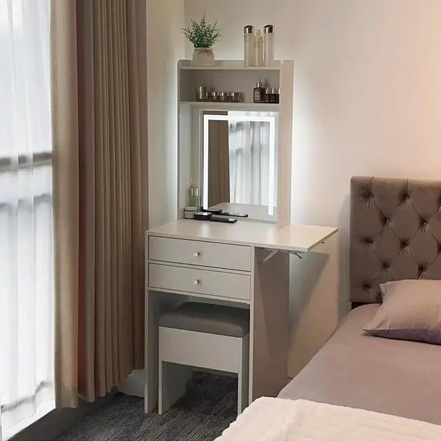 Alt view image 7 of 7 - ARTETHYS Small Vanity Desk Set with 3 Adjustable Lighted Mirror and Storage Chair, Makeup Vanity Table for Small Space, White Dressing Table with Fold-up Panel for Bedroom, Welcome to consult