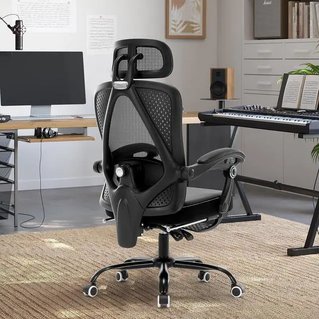 Alt view image 2 of 7 - Ergonomic Office Chair, Reclining High Back Mesh Chair with Lumbar Support Swivel Rolling Home Task Desk Chair with Headrest and Footrest Computer Executive Desk Chair with Padded Armrests,Black