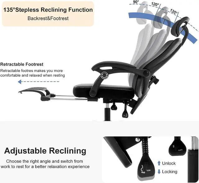 Alt view image 4 of 7 - Ergonomic Office Chair, Reclining High Back Mesh Chair with Lumbar Support Swivel Rolling Home Task Desk Chair with Headrest and Footrest Computer Executive Desk Chair with Padded Armrests,Black