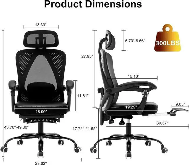 Alt view image 3 of 7 - Ergonomic Office Chair, Reclining High Back Mesh Chair with Lumbar Support Swivel Rolling Home Task Desk Chair with Headrest and Footrest Computer Executive Desk Chair with Padded Armrests,Black