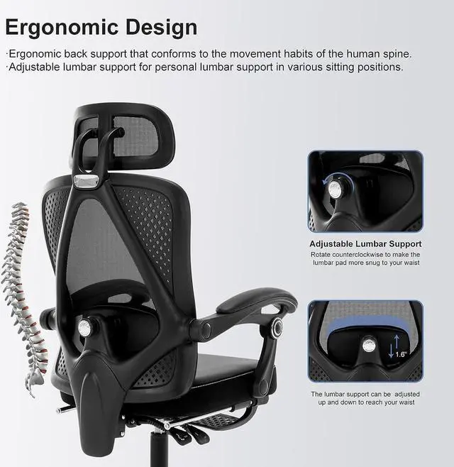 Alt view image 6 of 7 - Ergonomic Office Chair, Reclining High Back Mesh Chair with Lumbar Support Swivel Rolling Home Task Desk Chair with Headrest and Footrest Computer Executive Desk Chair with Padded Armrests,Black