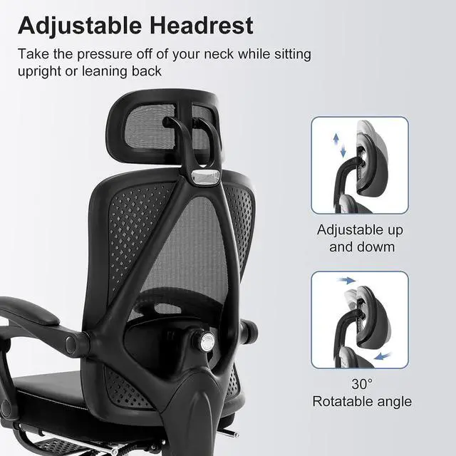 Alt view image 7 of 7 - Ergonomic Office Chair, Reclining High Back Mesh Chair with Lumbar Support Swivel Rolling Home Task Desk Chair with Headrest and Footrest Computer Executive Desk Chair with Padded Armrests,Black