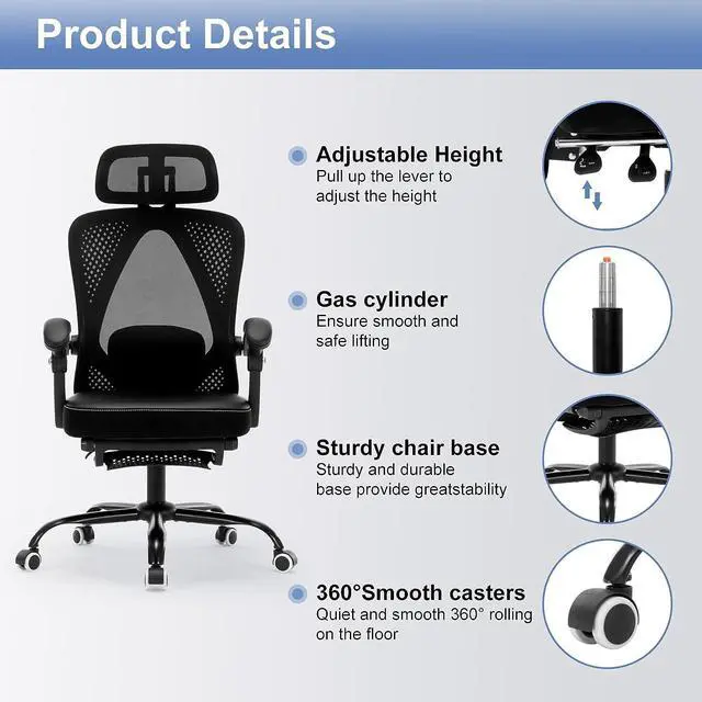 Alt view image 5 of 7 - Ergonomic Office Chair, Reclining High Back Mesh Chair with Lumbar Support Swivel Rolling Home Task Desk Chair with Headrest and Footrest Computer Executive Desk Chair with Padded Armrests,Black