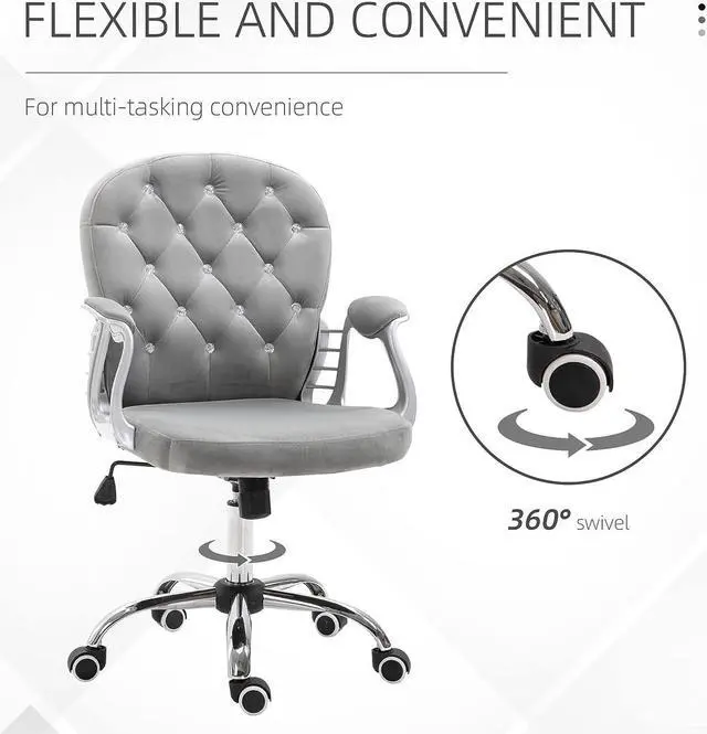 Alt view image 7 of 7 - Vinsetto Vanity Middle Back Office Chair Tufted Backrest Swivel Rolling Wheels Task Chair with Height Adjustable Comfortable with Armrests, Grey