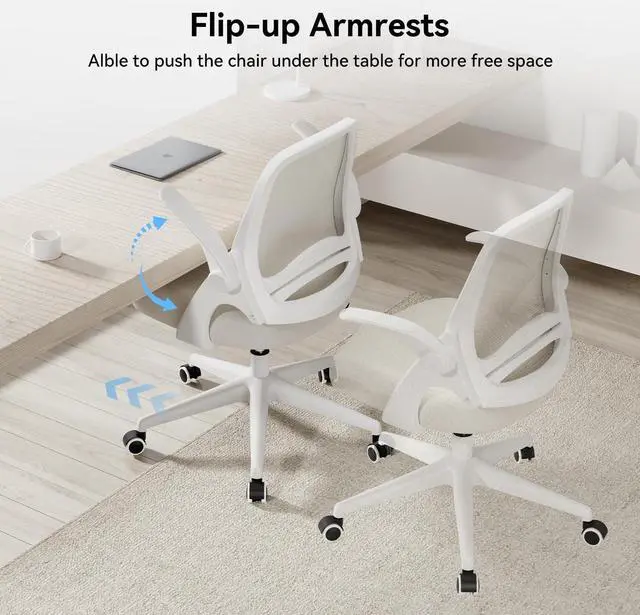 Alt view image 2 of 7 - Hbada Office Chair Desk Chair with Flip Up Arm, Breathable Mesh Ergonomic Office Chair with Adjustable Height & PU Wheels, Swivel Computer Chair Home Office Chair, Beige, Welcome to consult