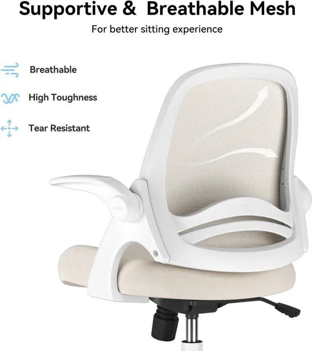 Alt view image 5 of 7 - Hbada Office Chair Desk Chair with Flip Up Arm, Breathable Mesh Ergonomic Office Chair with Adjustable Height & PU Wheels, Swivel Computer Chair Home Office Chair, Beige, Welcome to consult