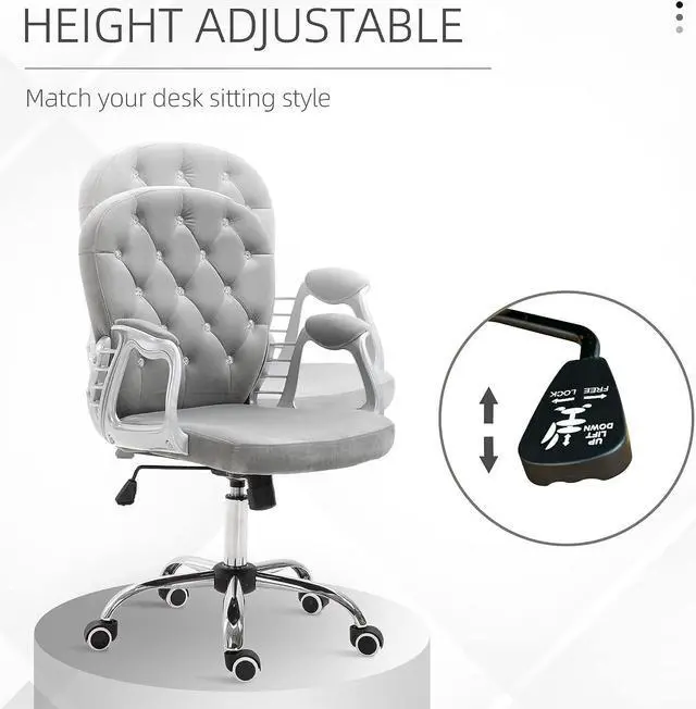 Alt view image 4 of 7 - Vinsetto Vanity Middle Back Office Chair Tufted Backrest Swivel Rolling Wheels Task Chair with Height Adjustable Comfortable with Armrests, Grey