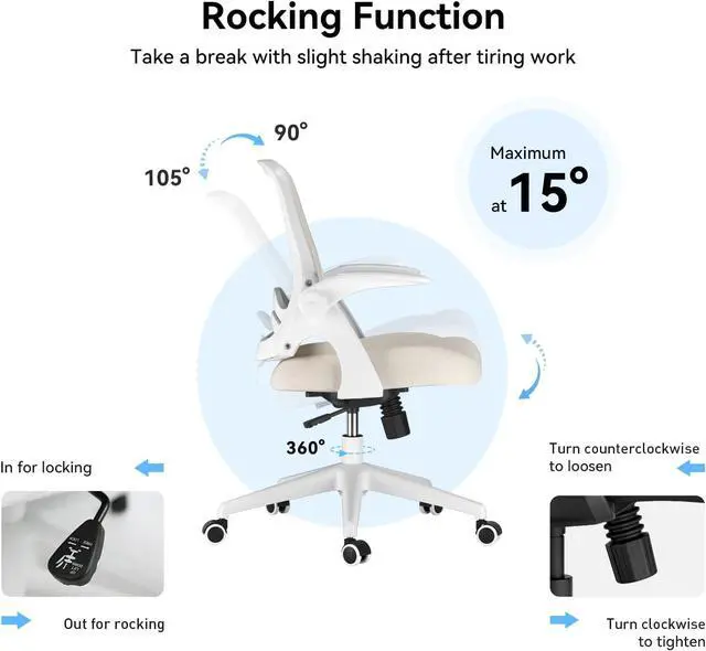 Alt view image 6 of 7 - Hbada Office Chair Desk Chair with Flip Up Arm, Breathable Mesh Ergonomic Office Chair with Adjustable Height & PU Wheels, Swivel Computer Chair Home Office Chair, Beige, Welcome to consult
