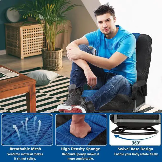 Alt view image 4 of 7 - Buymoth Swivel Floor Gaming Chair w/Armrests, Folding Video Reclining Sofa w/6 Adjustable Position, Padded Backrest & Cushion, Lazy Lounger Couch for E-Sports, Reading, Relaxing, Watching TV, Blue