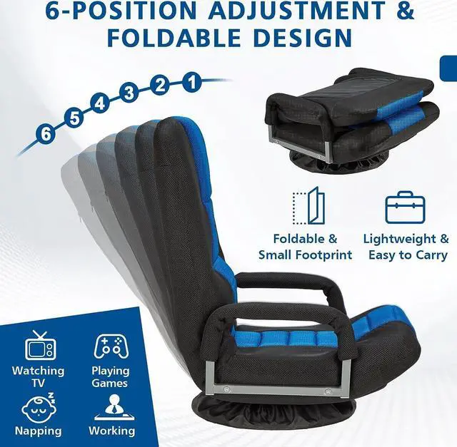 Alt view image 5 of 7 - Buymoth Swivel Floor Gaming Chair w/Armrests, Folding Video Reclining Sofa w/6 Adjustable Position, Padded Backrest & Cushion, Lazy Lounger Couch for E-Sports, Reading, Relaxing, Watching TV, Blue