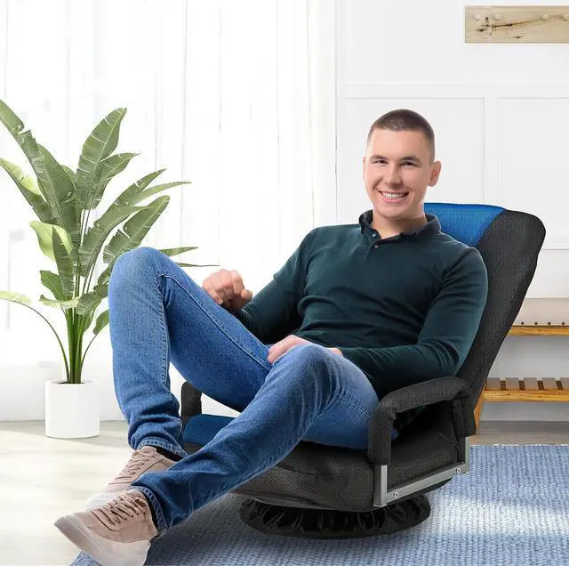 Alt view image 2 of 7 - Buymoth Swivel Floor Gaming Chair w/Armrests, Folding Video Reclining Sofa w/6 Adjustable Position, Padded Backrest & Cushion, Lazy Lounger Couch for E-Sports, Reading, Relaxing, Watching TV, Blue