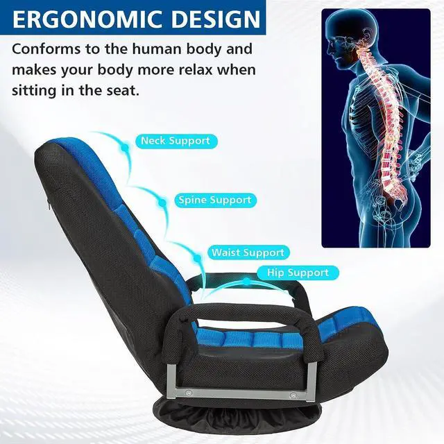 Alt view image 6 of 7 - Buymoth Swivel Floor Gaming Chair w/Armrests, Folding Video Reclining Sofa w/6 Adjustable Position, Padded Backrest & Cushion, Lazy Lounger Couch for E-Sports, Reading, Relaxing, Watching TV, Blue