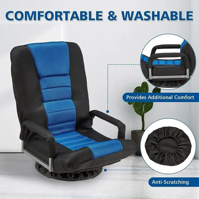 Alt view image 7 of 7 - Buymoth Swivel Floor Gaming Chair w/Armrests, Folding Video Reclining Sofa w/6 Adjustable Position, Padded Backrest & Cushion, Lazy Lounger Couch for E-Sports, Reading, Relaxing, Watching TV, Blue