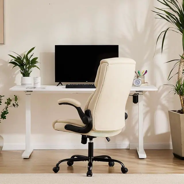 Alt view image 7 of 7 - Computer Gaming Chair, Ergonomic Office Chair High Back Heavy Duty Task Desk Chair with Flip-up Arms, PU Leather, Adjustable Swivel Rolling Chair with Wheels, Cream