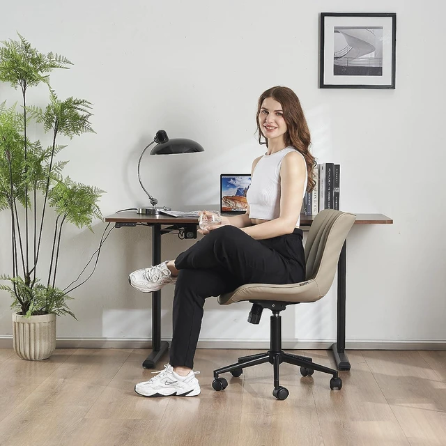 Alt view image 4 of 7 - YOUTASTE Home Office Desk Chair Modern Stylish Streamlined Vanity Chair, Rocking Swivel Lounge Chair, Height Adjustable Ergonomic Computer Task Chairs Faux Leather with Wheels,Khaki