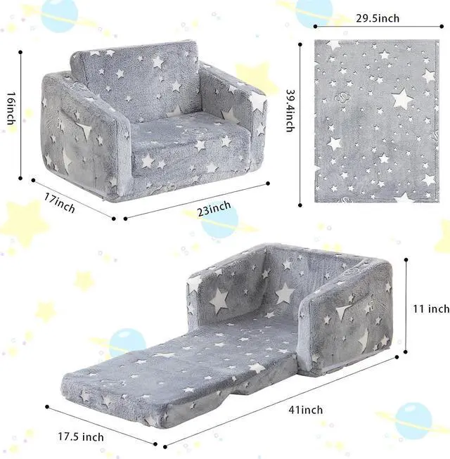 Alt view image 3 of 6 - Kids Couch Fold Out, Foldable Toddler Couch with Blanket, Kids Sofa for Girls & Boys, Flip Out Toddler Chair, Convertible Sofa to Lounger for Children Age 1-3 (Glow Star)
