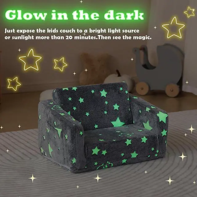 Alt view image 4 of 6 - Kids Couch Fold Out, Foldable Toddler Couch with Blanket, Kids Sofa for Girls & Boys, Flip Out Toddler Chair, Convertible Sofa to Lounger for Children Age 1-3 (Glow Star)