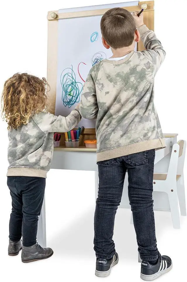 Alt view image 7 of 7 - Milliard 2-in-1 Kids Art Table and Art Easel Table and Chair Set, Toddler Craft and Play Wood Activity Table with Storage Bins and Paper Roll