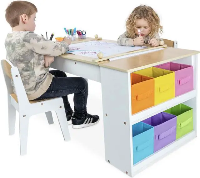 Alt view image 5 of 7 - Milliard 2-in-1 Kids Art Table and Art Easel Table and Chair Set, Toddler Craft and Play Wood Activity Table with Storage Bins and Paper Roll