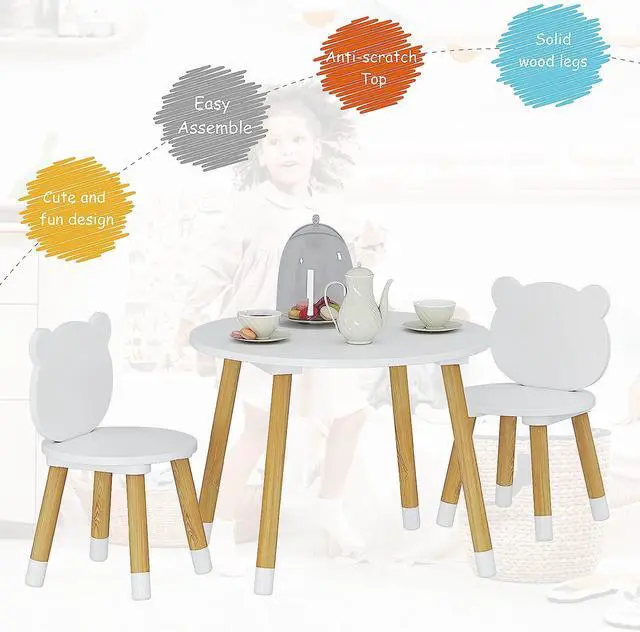 Alt view image 4 of 7 - UTEX Kids Wood Table and Chair Set, Kids Play Table with 2 Chairs,3 Pieces Kids Round Table for Toddlers, Girls, Boys,White