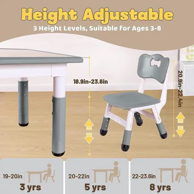Alt view image 3 of 7 - FUNLIO Kids Table and 2 Chairs Set, Height Adjustable Toddler Table and Chair Set for Ages 3-8, Easy to Wipe Arts & Crafts Table, for Classrooms/Daycares/Homes, CPC & CE Approved (3pcs Set) - Gray