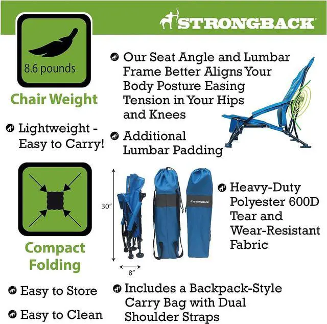 Alt view image 4 of 4 - STRONGBACK Low Gravity Beach Chair with Built-in Lumbar Back Support - Heavy Duty Portable Folding Beach Chair for Adults - Blue