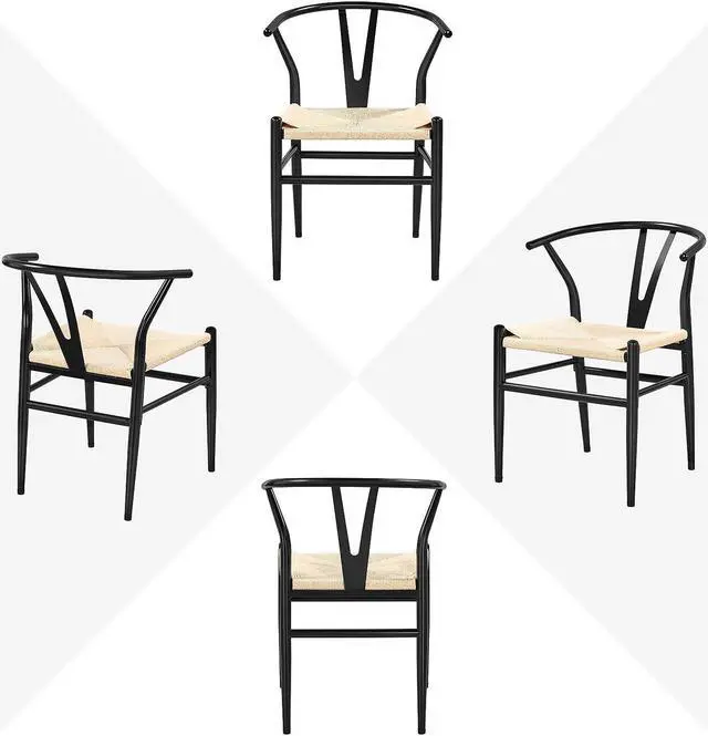 Alt view image 6 of 7 - Yaheetech Set of 2 Weave Arm Chair Mid-Century Metal Dining Chair Y-Shaped Backrest Hemp Seat, Black, Welcome to consult