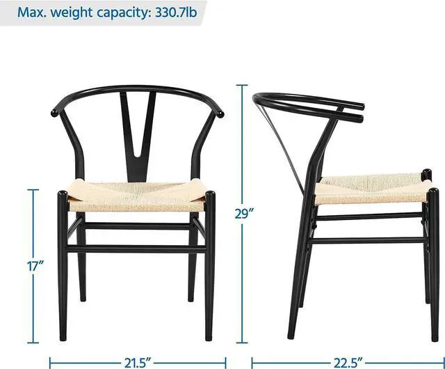 Alt view image 3 of 7 - Yaheetech Set of 2 Weave Arm Chair Mid-Century Metal Dining Chair Y-Shaped Backrest Hemp Seat, Black, Welcome to consult