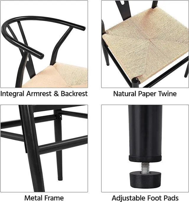 Alt view image 5 of 7 - Yaheetech Set of 2 Weave Arm Chair Mid-Century Metal Dining Chair Y-Shaped Backrest Hemp Seat, Black, Welcome to consult