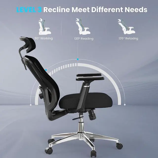 Alt view image 5 of 7 - Farini Office Chair Ergonomic Desk Chair, High Back Office Chair with Wheels, Home Office Chair for Heavy People, Office Chair Adjustable Seat Depth, 3D Armrests and Adjustable Headrest, Black
