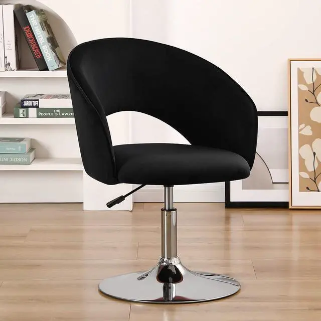 Alt view image 5 of 7 - Furnimart Adjustable Black Vanity Chair with Back, Velvet Makeup Chair Swivel Accent Chair with Chrome Frame Hollow Backrest, Side Chair for Living Room, Makeup Room, Bedroom (Black)