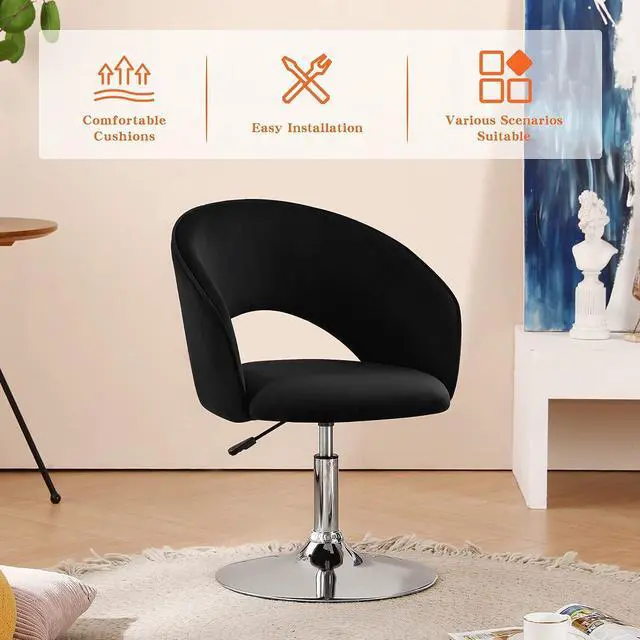 Alt view image 7 of 7 - Furnimart Adjustable Black Vanity Chair with Back, Velvet Makeup Chair Swivel Accent Chair with Chrome Frame Hollow Backrest, Side Chair for Living Room, Makeup Room, Bedroom (Black)