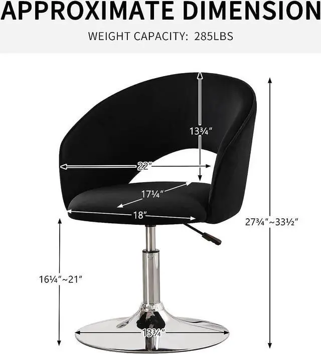 Alt view image 2 of 7 - Furnimart Adjustable Black Vanity Chair with Back, Velvet Makeup Chair Swivel Accent Chair with Chrome Frame Hollow Backrest, Side Chair for Living Room, Makeup Room, Bedroom (Black)