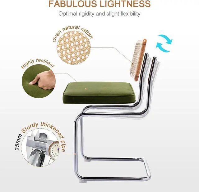 Alt view image 6 of 7 - Zesthouse Natural Rattan Dining Chairs Set of 2, Olive Green Modern Kitchen Chairs with Solid Wood Back & Chrome Base, Mid Century Breuer Design Inspired, Upholstered Velvet Fabric