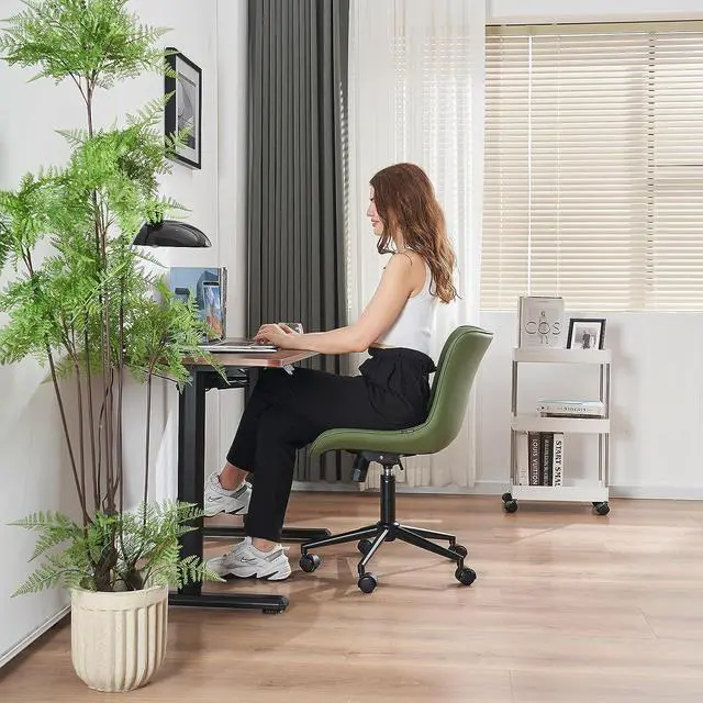 Alt view image 6 of 7 - YOUNIKE Ergonomic Home Office Desk Chair with Wheels Comfy Armless Vanity Chair with Adjustable Back Modern Leather Upholstered Rolling Swivel Small Cute Task Drafting Sewing Chair No Arms Olive Green
