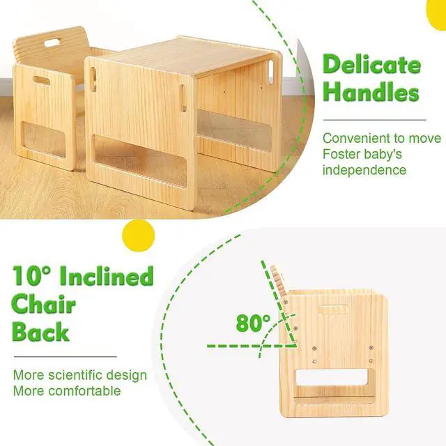 Alt view image 4 of 6 - FUNLIO Montessori Weaning Table and Chair Set for Toddlers Age 1-3, Height Adjustable Toddler Table and Chair Set, Cube Kids Table Chair for Reading/Eating/Playing, Easy to Assemble, CPC Certified