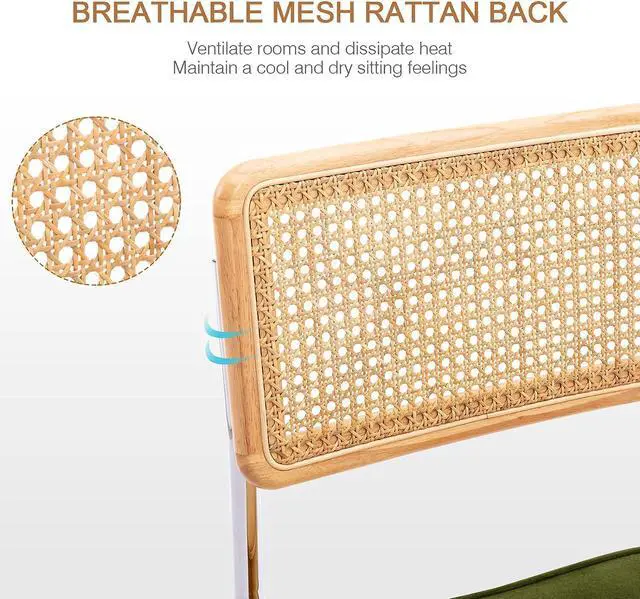 Alt view image 4 of 7 - Zesthouse Natural Rattan Dining Chairs Set of 2, Olive Green Modern Kitchen Chairs with Solid Wood Back & Chrome Base, Mid Century Breuer Design Inspired, Upholstered Velvet Fabric